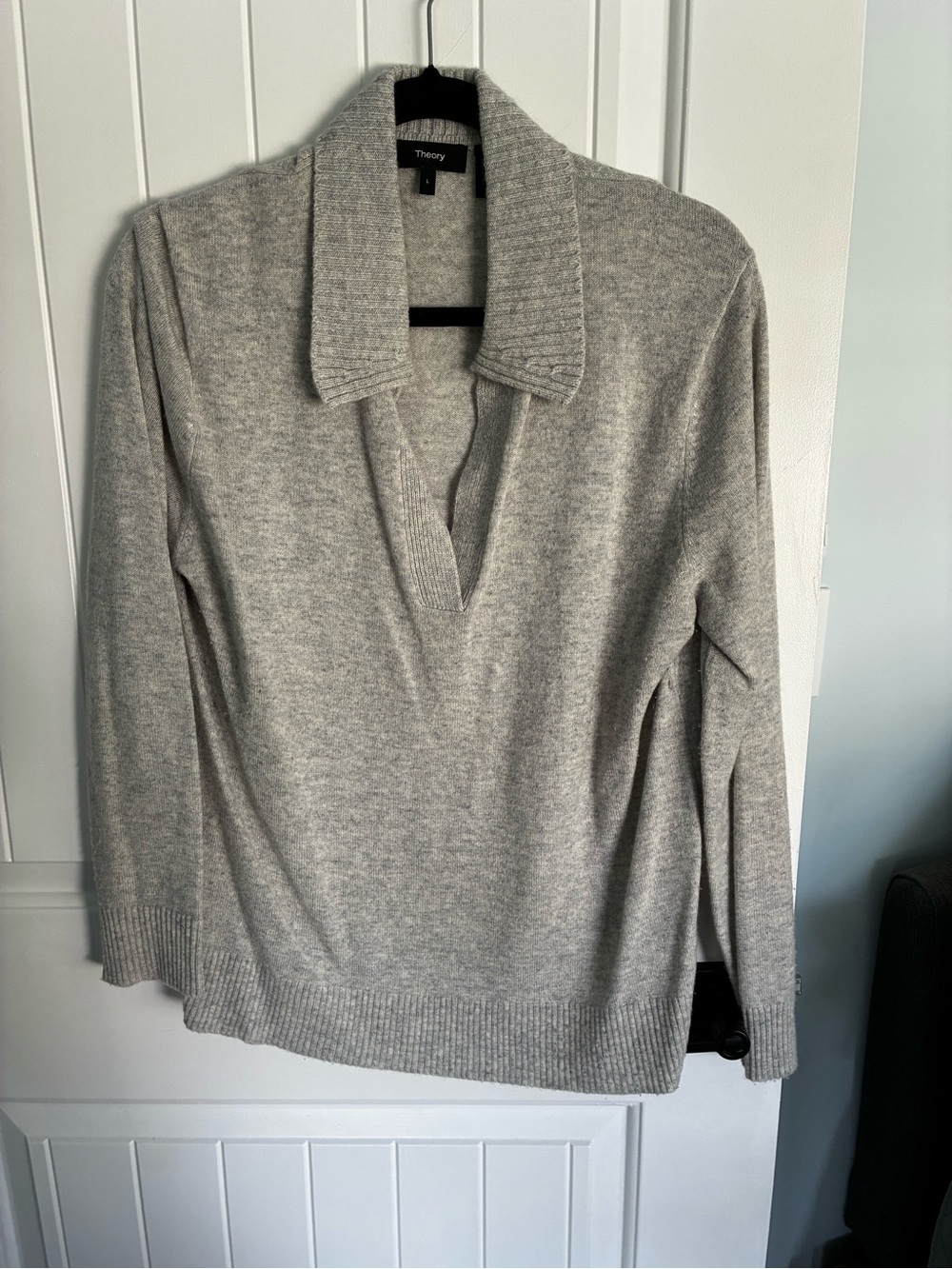 Theory Light Gray Collared V-Neck Sweater
